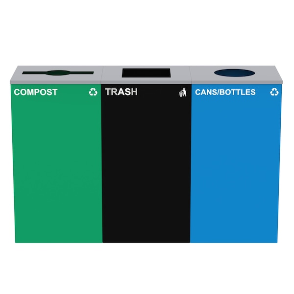 Alpine Industries 87 Gal. 3-Stream Steel Blue Cans & Bottles, Green Compost, and Black Commercial Trash Can Station ALP4450-BLK-KIT38 - main